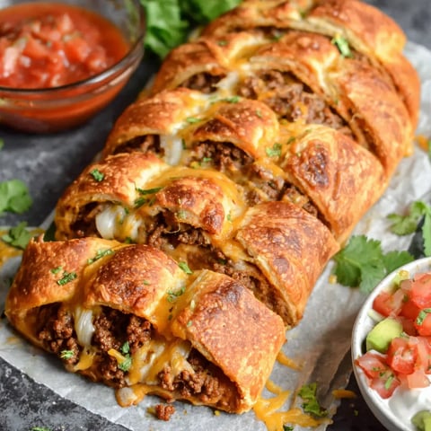 A cheesy taco braid sits on a table.