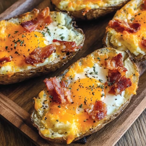 Golden crispy breakfast potatoes filled with cheese and egg.