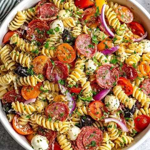 A bowl of tangy pasta salad.