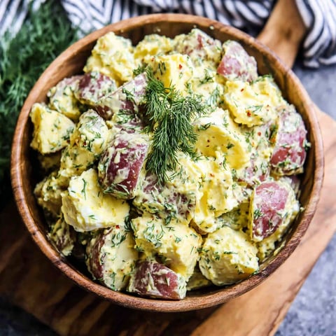 A bowl of creamy dill potato salad.
