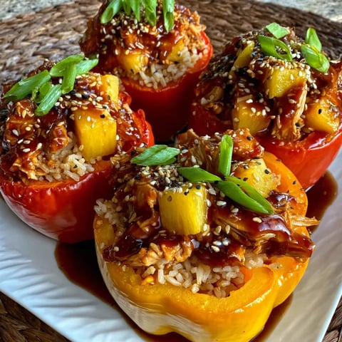 Bell peppers loaded with teriyaki chicken, pineapple, and rice.