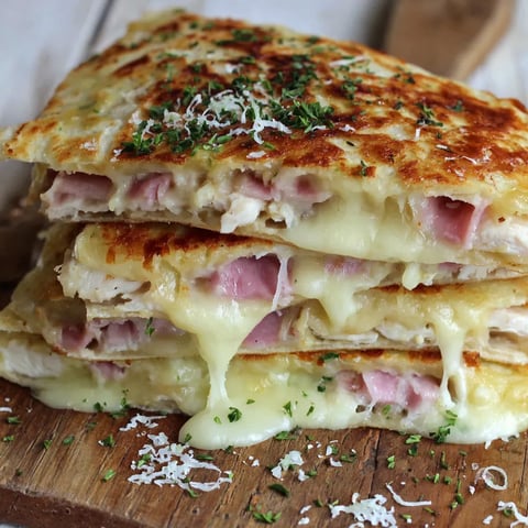 Layers of chicken cordon bleu quesadilla stacked together.