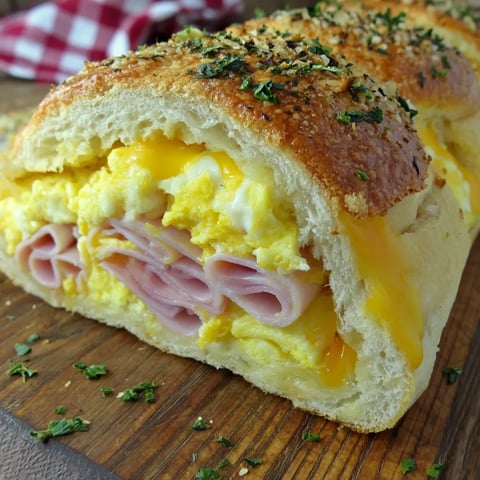 A sandwich-like breakfast roll with ham, egg, and cheese.