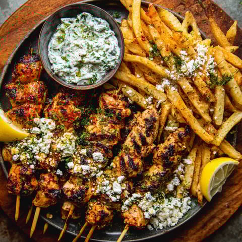 A plate of Greek chicken skewers and fries.