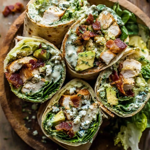 A plate of pesto chicken and avocado bacon salad wraps.