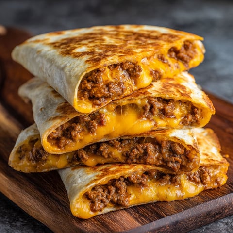 A stack of cheesy ground beef quesadillas.