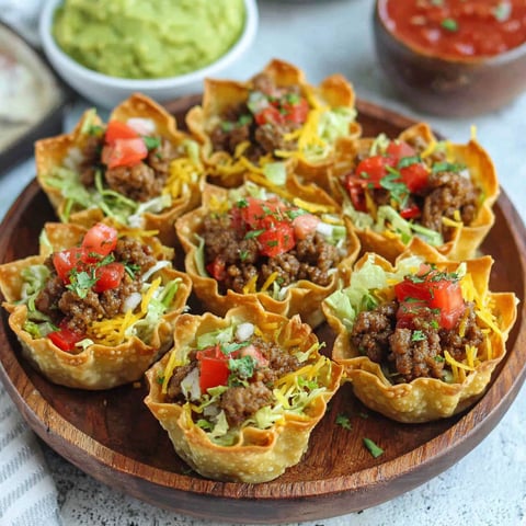 A plate of taco salad cups with meat and tomatoes.