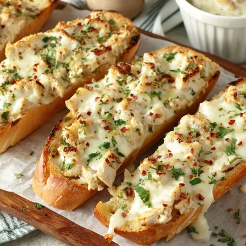 Crunchy garlic bread layered with creamy chicken Alfredo topping.