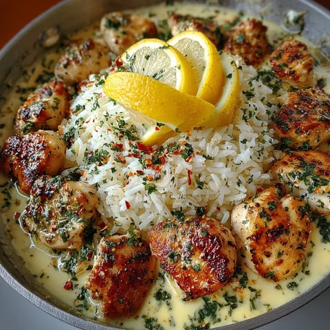 A delicious plate of creamy garlic chicken rice.