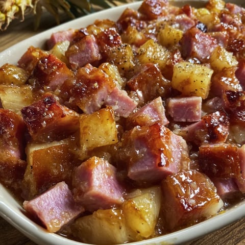 Baked ham with pineapple chunks in a dish.