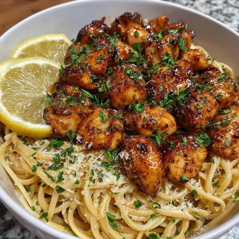 A dish of pasta and chicken garnished with a lemon wedge on top.