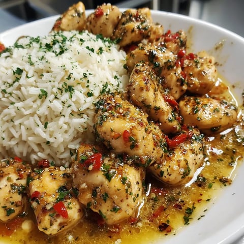 Garlic chicken served with creamy rice topped with Parmesan and parsley.