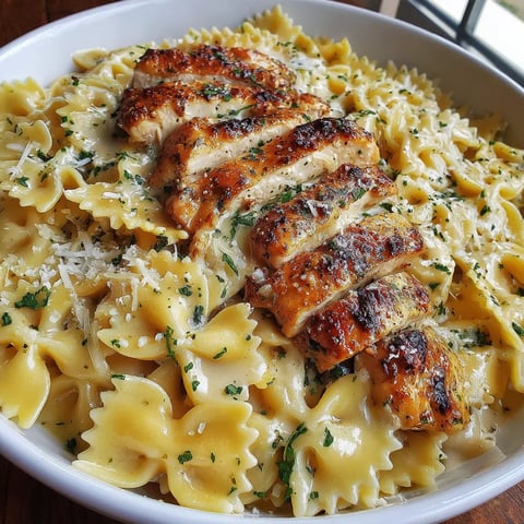 Pasta with golden chicken and grated Parmesan in a bowl.