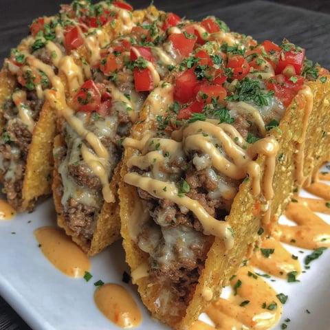 Crispy tacos filled with beef and cheesy toppings.