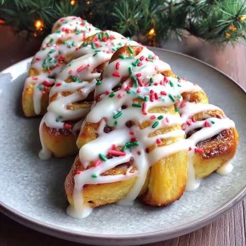 Three cinnamon rolls with white frosting and red sprinkles.