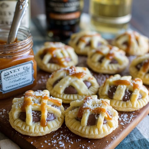 Chocolate caramel pillows on a wooden board.