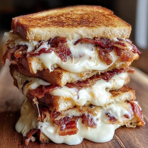 Three stacked grilled sandwiches with bacon and cheese.