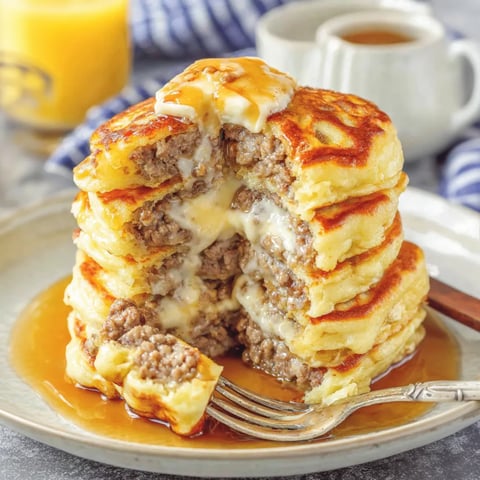 Stack of fluffy pancakes with sausage inside.