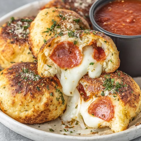 Plate full of cheesy pepperoni pizza bombs.