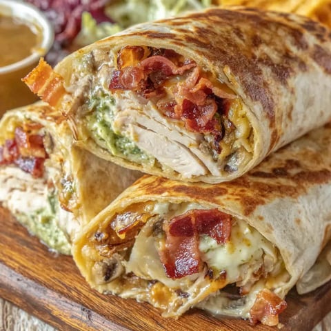 A sliced Turkey Bacon Apple Wrap served on a wooden board.