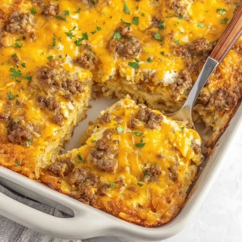 Cheesy baked casserole with sausage and hash browns.