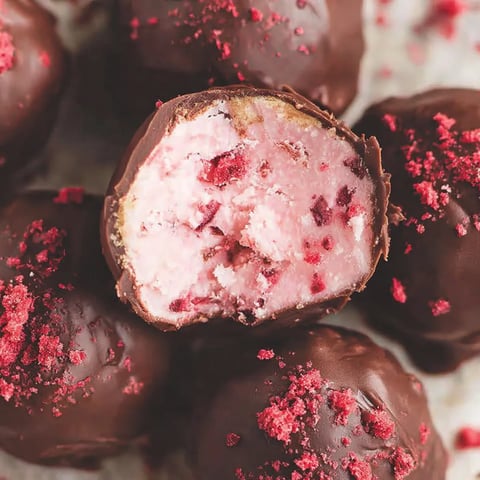 Chocolate truffles with pink frosting and red berries.