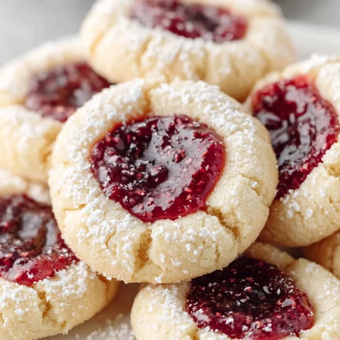 A plate of cookies with jam in the center.