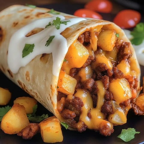 A warm, cheesy burrito stuffed with tots on a plate.