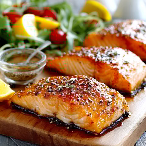 A plate of salmon with brown sugar glaze.