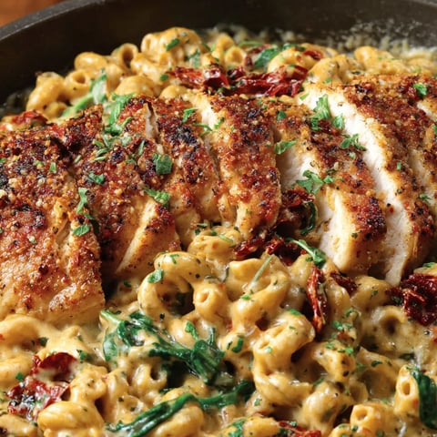 A bowl of creamy Tuscan chicken pasta.