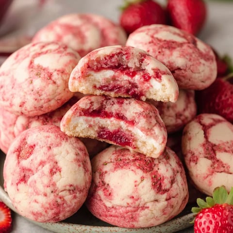 A plate of red and white cookies.