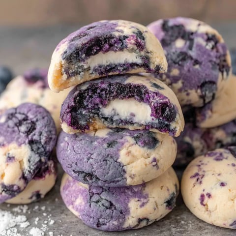 A stack of purple and blueberry cheesecake cookies.