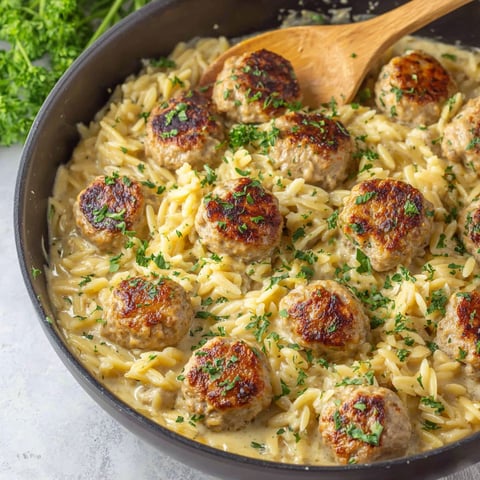 A bowl of meatballs with orzo.