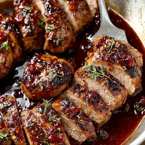 A pan of honey garlic pork tenderloin.