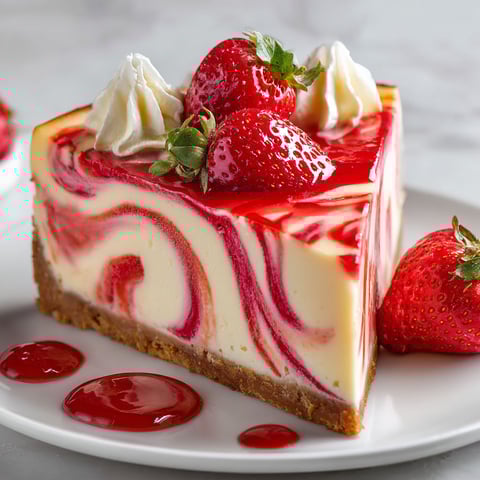 A slice of strawberry swirl cheesecake with a dollop of whipped cream.