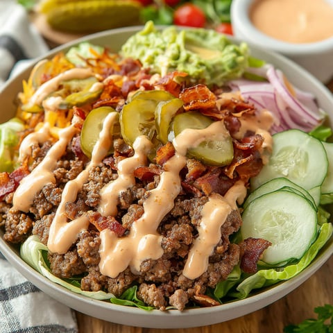 A bowl of food with a burger and bacon.