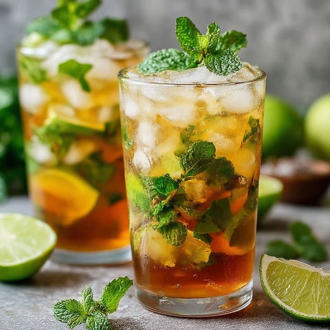 A glass of iced tea with mint and lime.