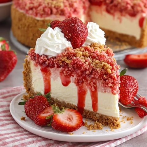 A slice of strawberry crunch cheesecake.