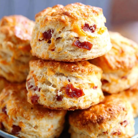 Maple bacon cheddar biscuits stacked on a plate.