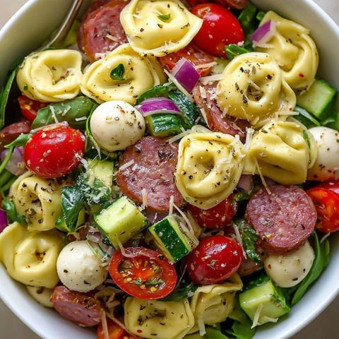 A bowl of pasta salad with tomatoes, onions, and sausage.