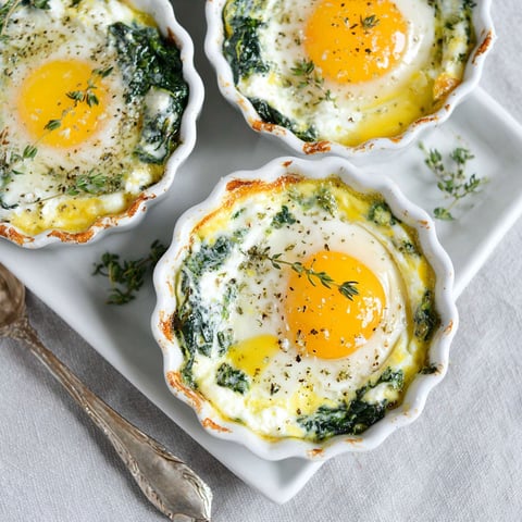 Three white cups filled with baked egg and spinach.