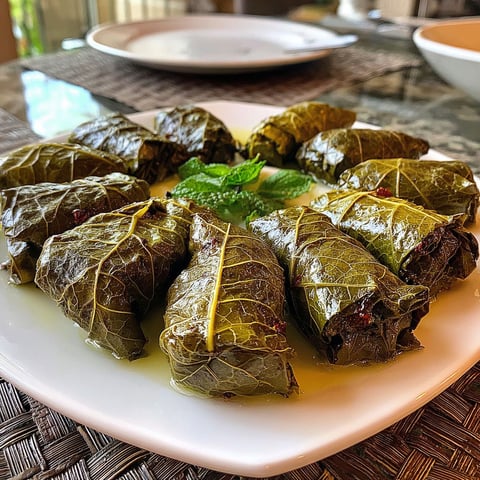 A plate of dolmades with mint on top.