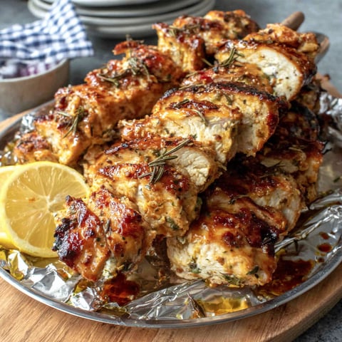 A plate of grilled chicken with lemon wedges on the side.