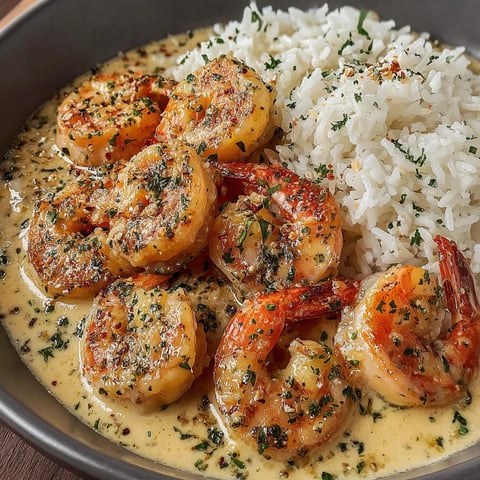 A serving of garlic butter shrimp with rice.