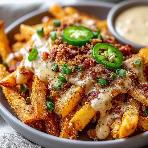 A bowl of fries with cheese and jalapenos.