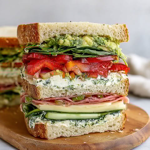 A sandwich with lettuce, tomato, avocado, and cheese.