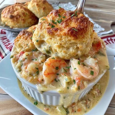 Seafood pot pie served with golden biscuits on top.