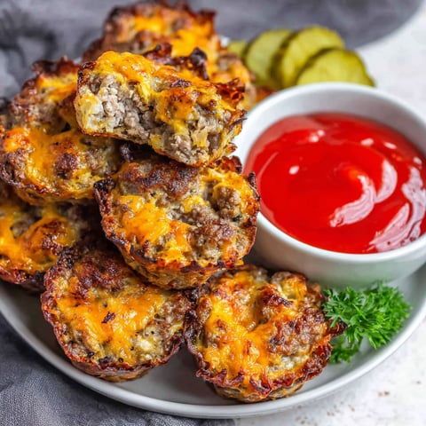 A plate of cheeseburger bites with a side of ketchup.