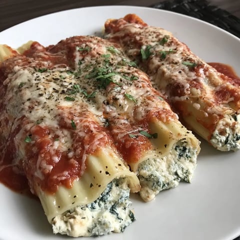 Cheesy spinach-filled pasta on a plate.