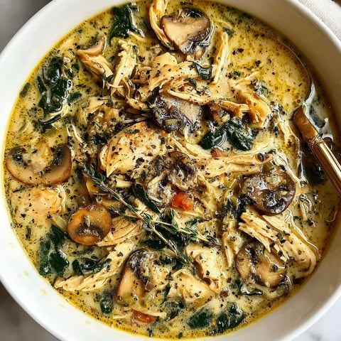 A bowl of soup with mushrooms and chicken.